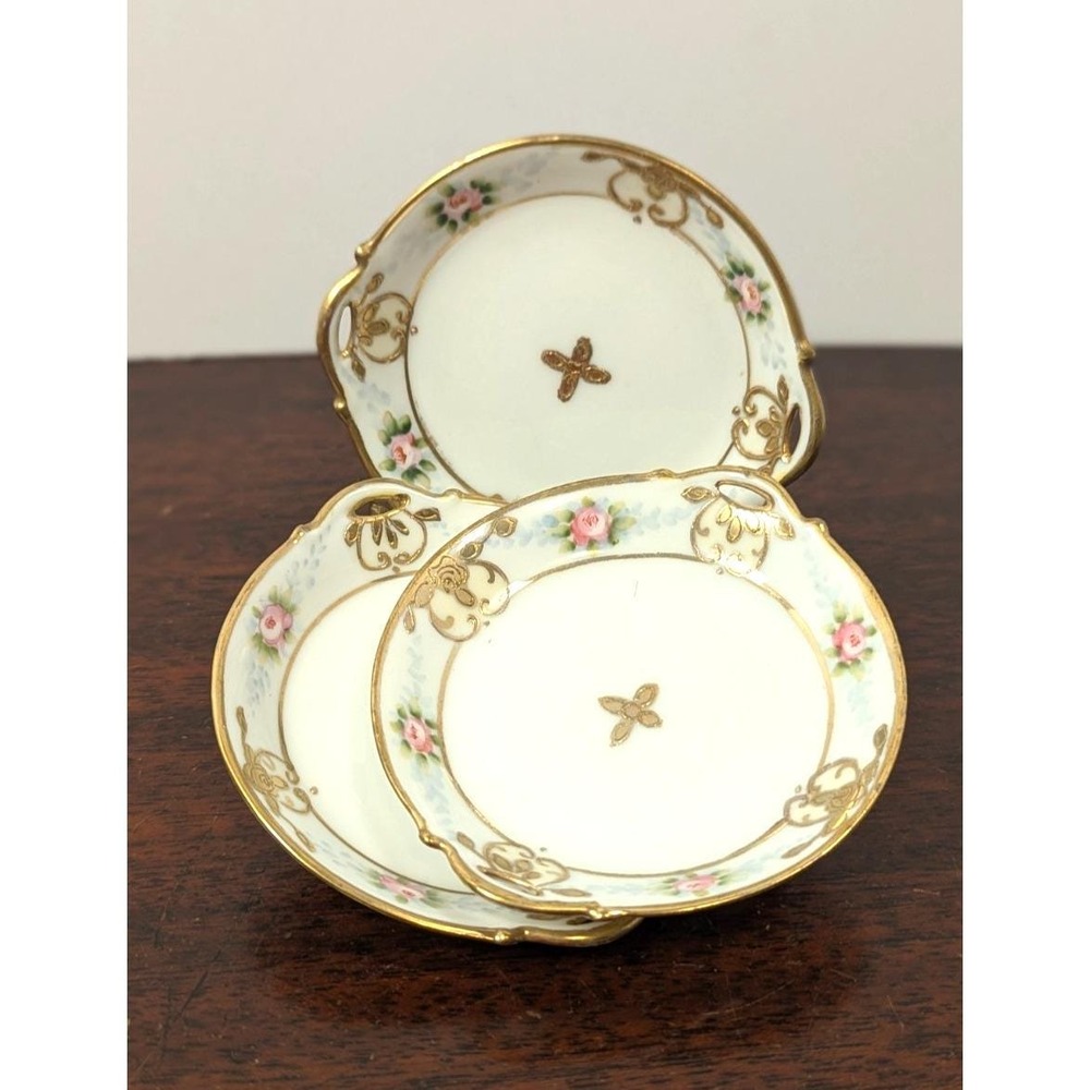 Vintage Hand Painted Nippon Butter Pats Set of 3 Pink Rose Gold Gilt Porcelain